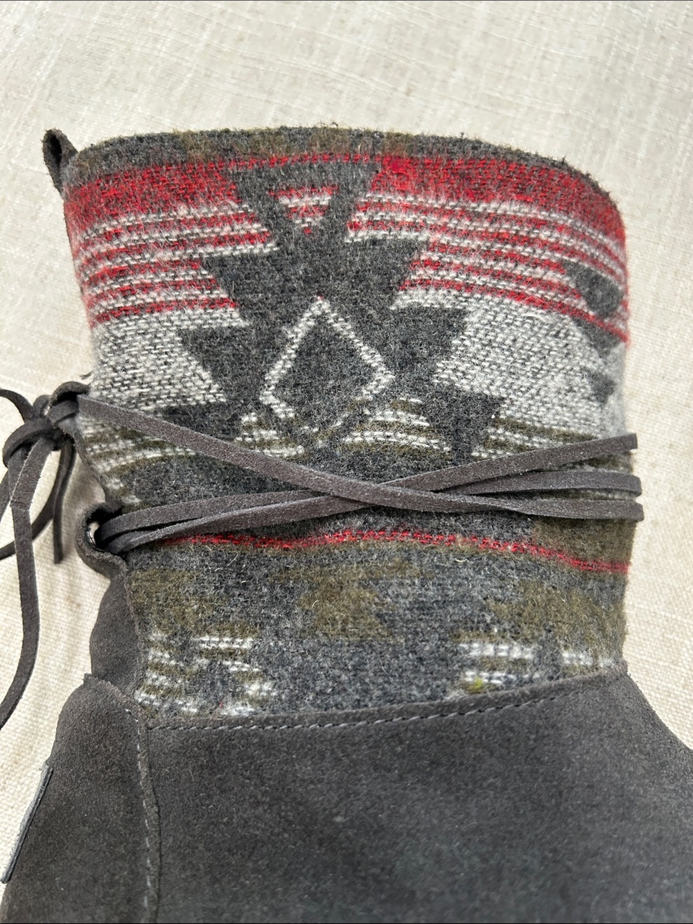 Toms Nepal Boots Grey Suede Red Aztec Knit Winter Women's Size 8 Warm Comfy - Picture 11 of 14